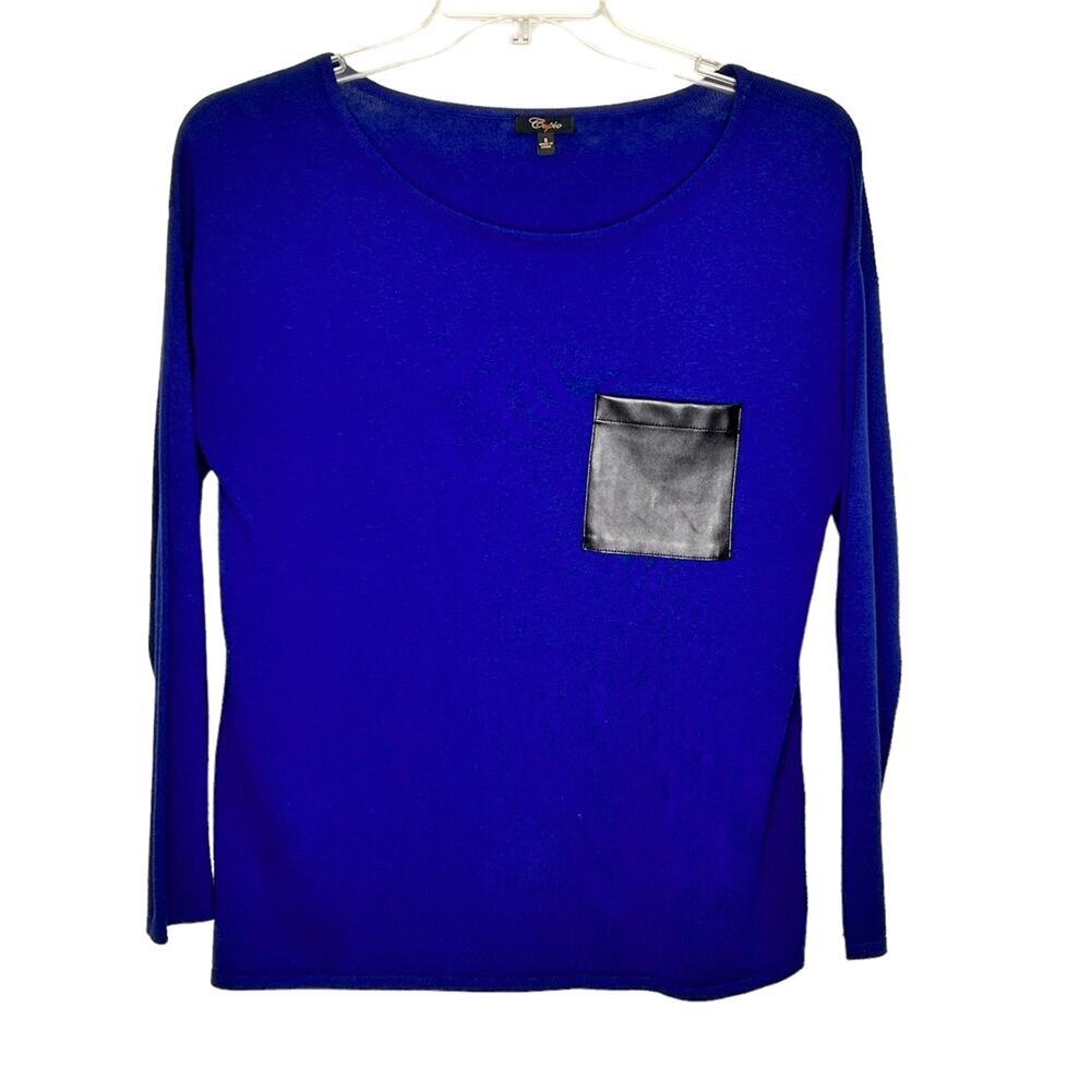 Cupio Royal Blue Long Sleeve Oversized Top Black Faux Leather Pocket